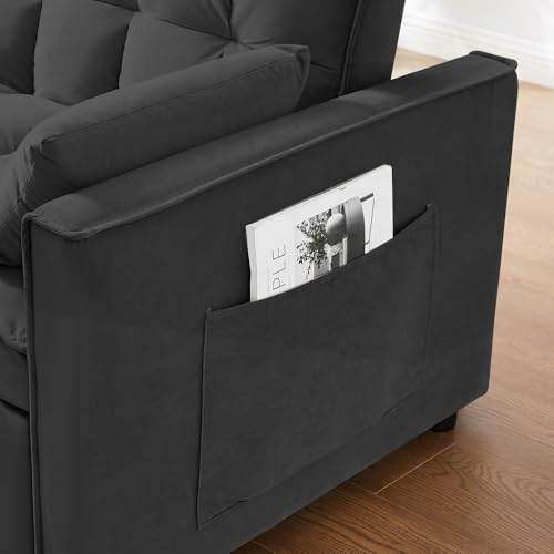 Blue Velvet Double Convertible Sofa Bed with Storage Bag and Pillow F994869