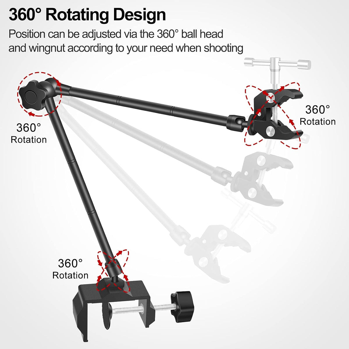 Camera Mount Clamp with 1/4 and 3/8 Thread Adjustable Articulating Arm E1869