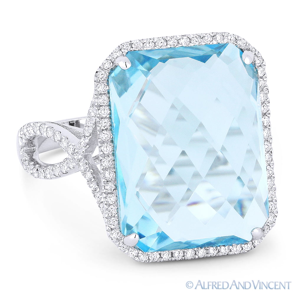 14k White Gold Blue Topaz Diamond Cocktail Ring E422278