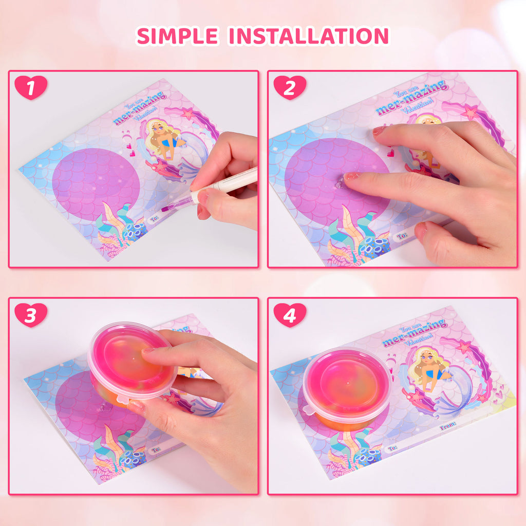 28Pcs Valentine Galaxy Slime with Mermaid and Unicorn Cards R115337