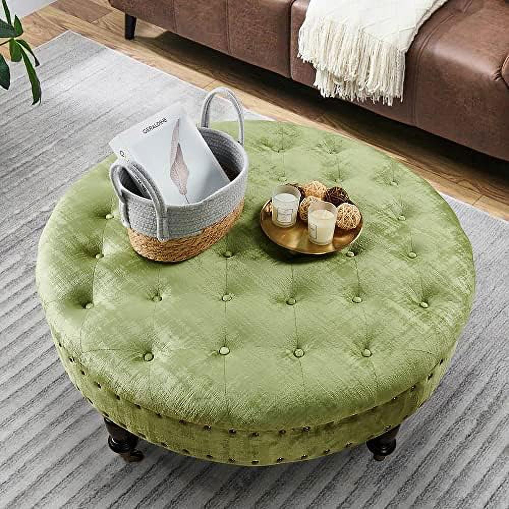Green Tufted Round Velvet Ottoman Coffee Table 34" Large M35838
