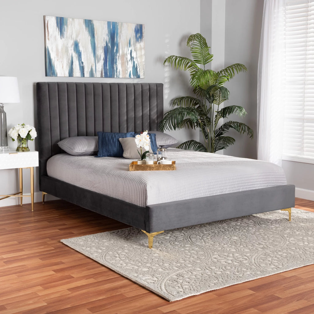 Grey Velvet Gold Metal Queen Size Platform Bed K64259