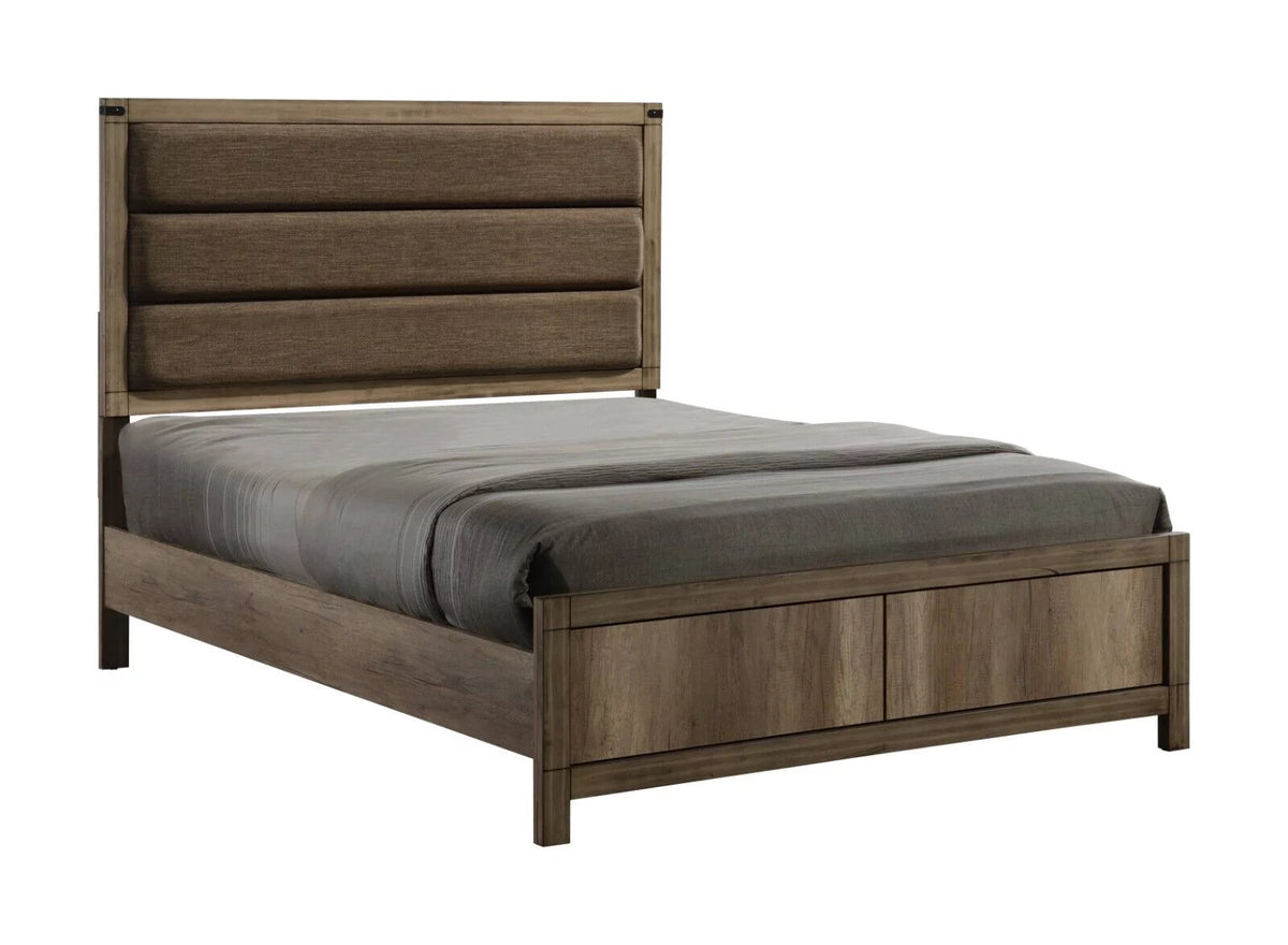Light Brown Wood Finish Full Size Upholstered Panel Bed W1298