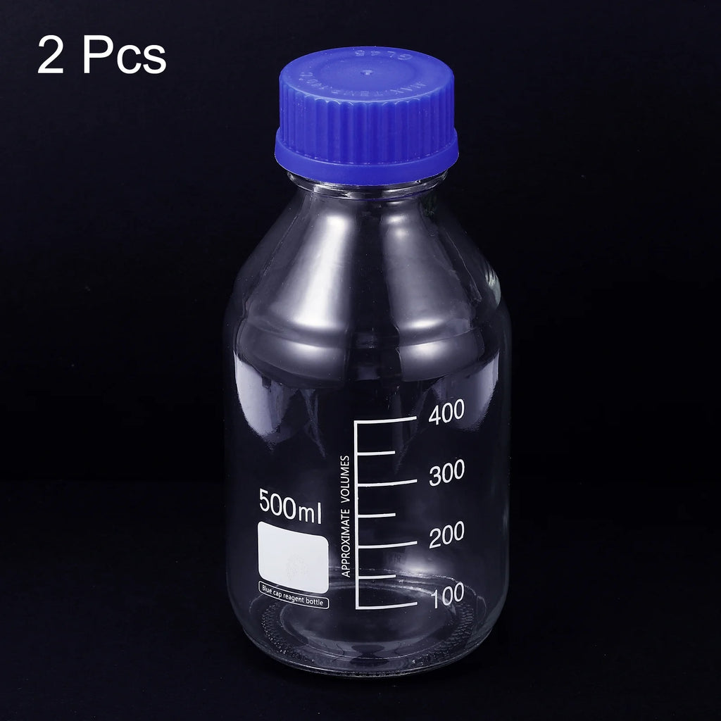 500mL Clear Graduated Glass Storage Bottle Blue Cap 2 Pack F20783