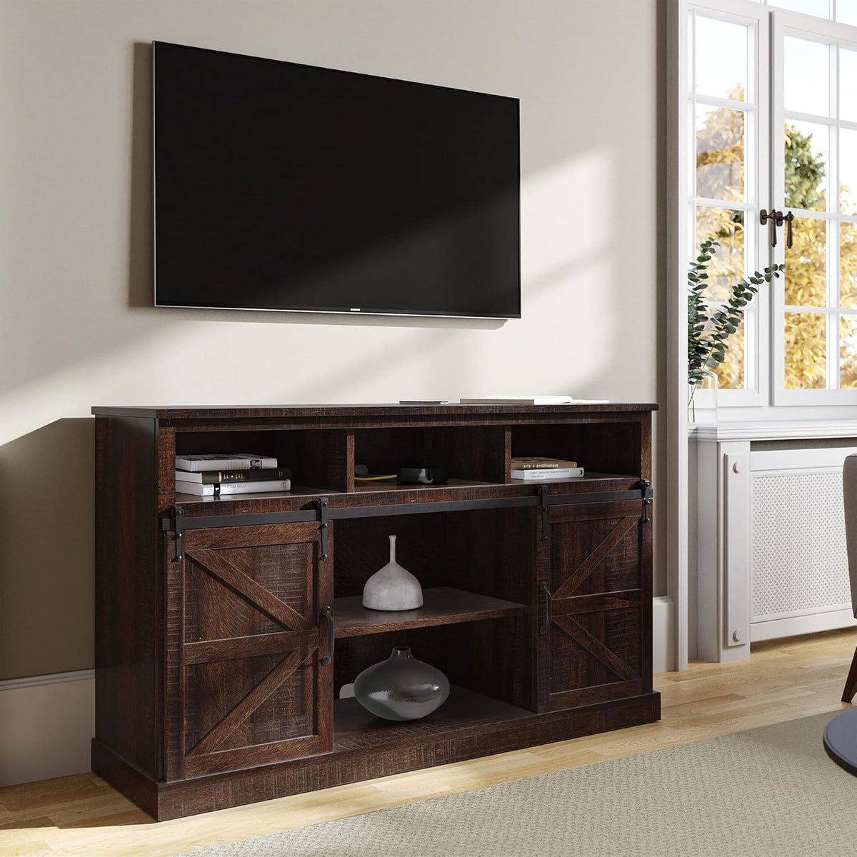 Stone Grey TV Stand with Sliding Barn Door and Storage Cabinets P4601