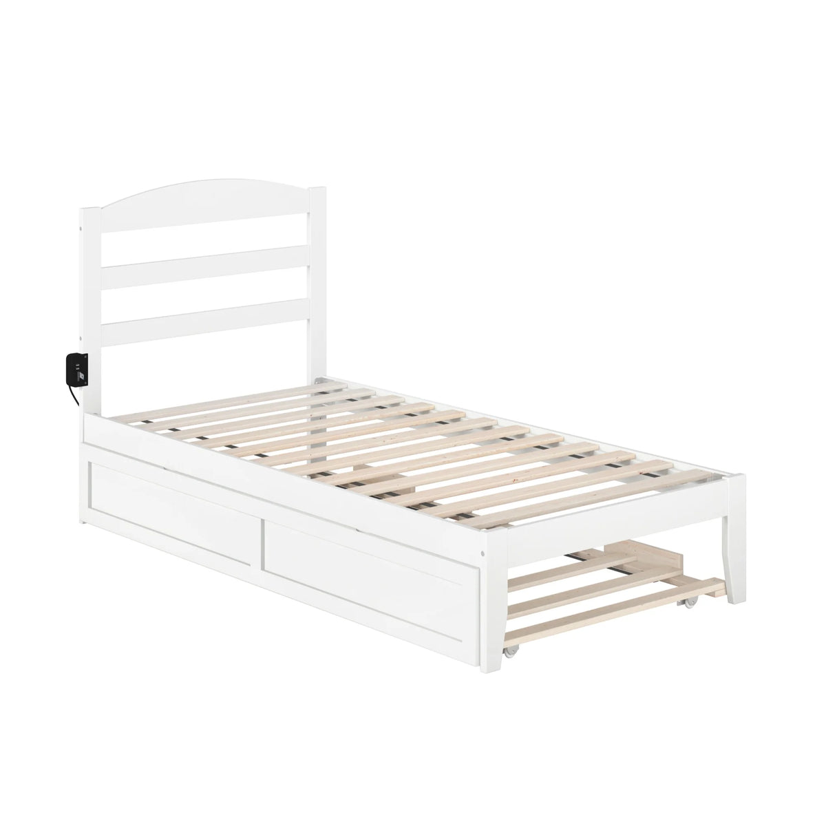 White Solid Wood Twin Bed with Trundle and USB Charger I6665