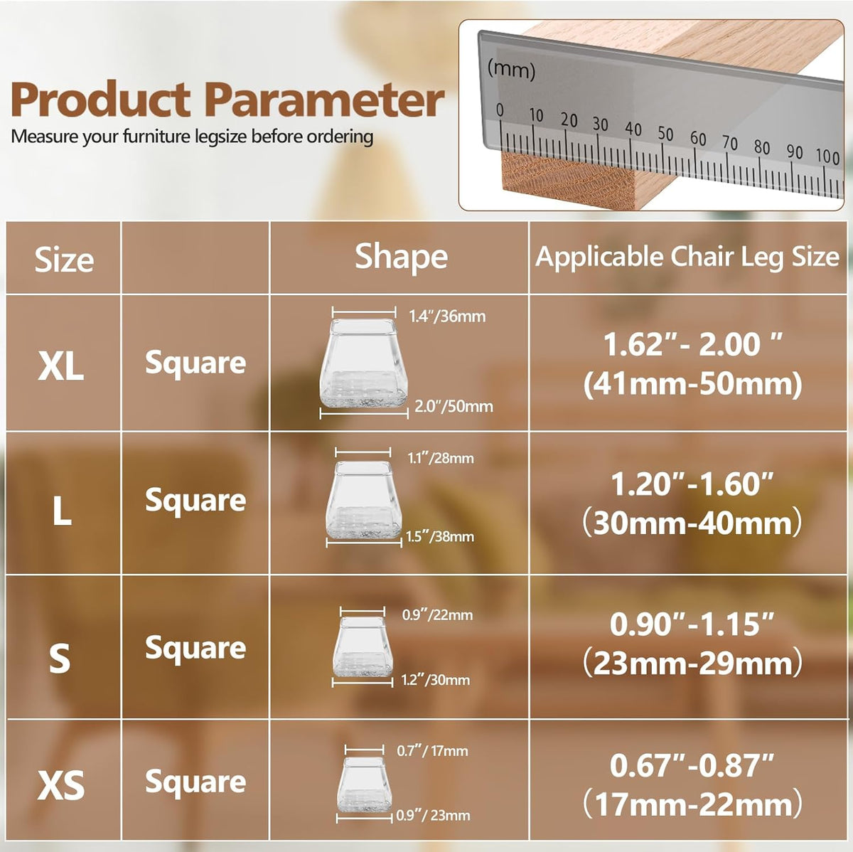 Square Chair Leg Floor Protectors, Felt Furniture Pads, Silicone Chair Leg Caps Covers P614343