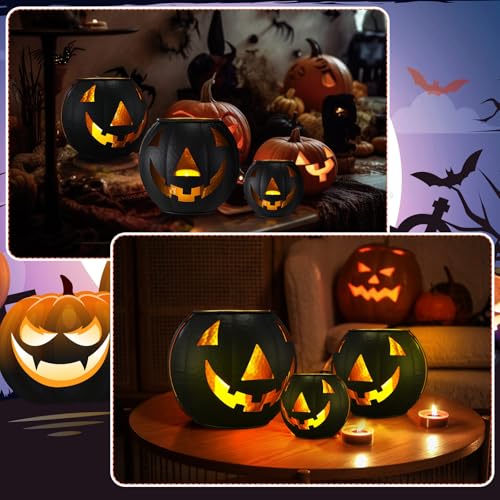 3 Pcs Metal Jack O Lanterns Pumpkin Set with LED Candles V6990