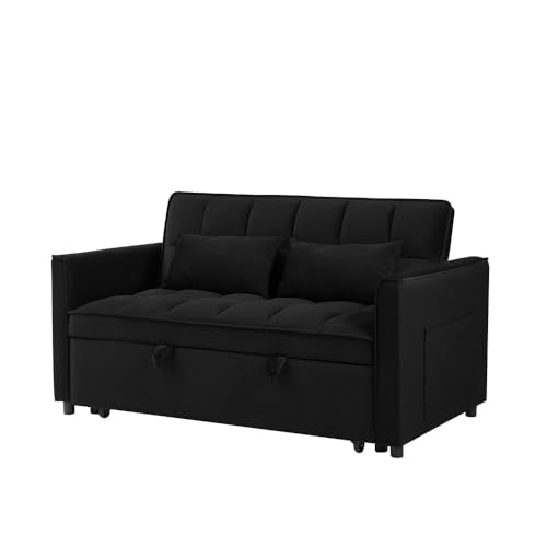 Blue Velvet Double Convertible Sofa Bed with Storage Bag and Pillow F994869