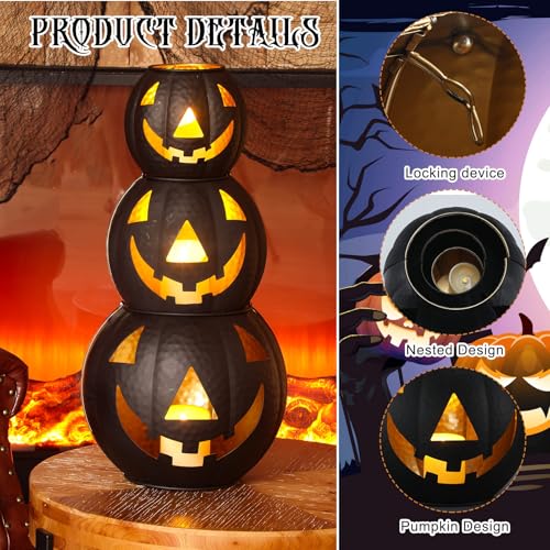 3 Pcs Metal Jack O Lanterns Pumpkin Set with LED Candles V6990