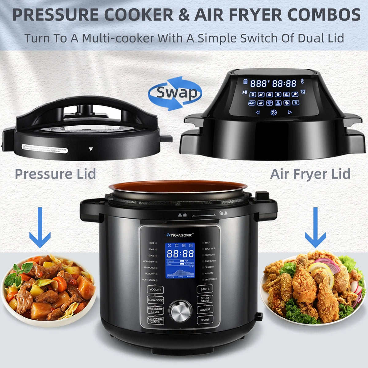 6 Quart Pressure Cooker and Air Fryer Combo with 2 Detachable Lids W20922
