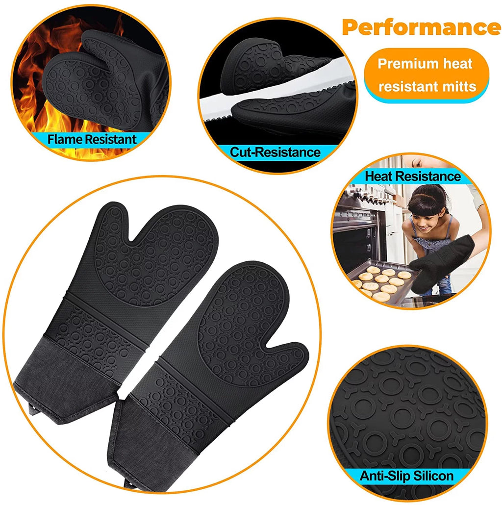 Extra Long Heat Resistant Silicone Oven Mitts and Pot Holders Set, Black, Pack of 6 F6462