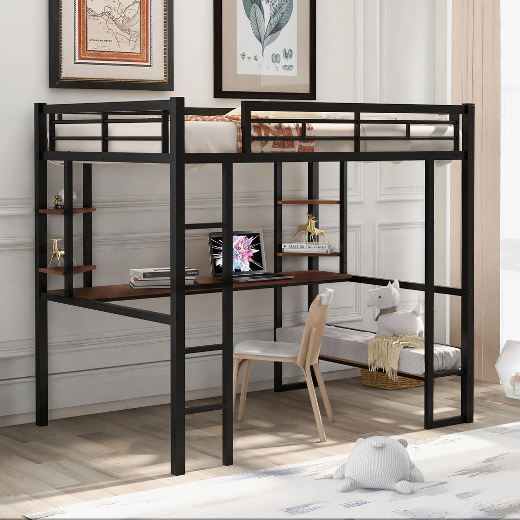 Black Loft Bed with Desk and Shelves U1728