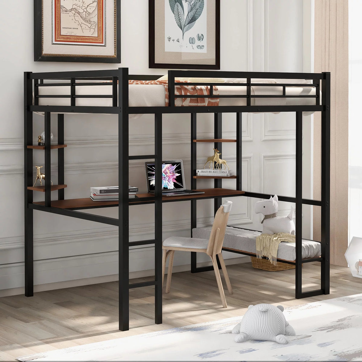 Black Loft Bed with Desk and Shelves U1728