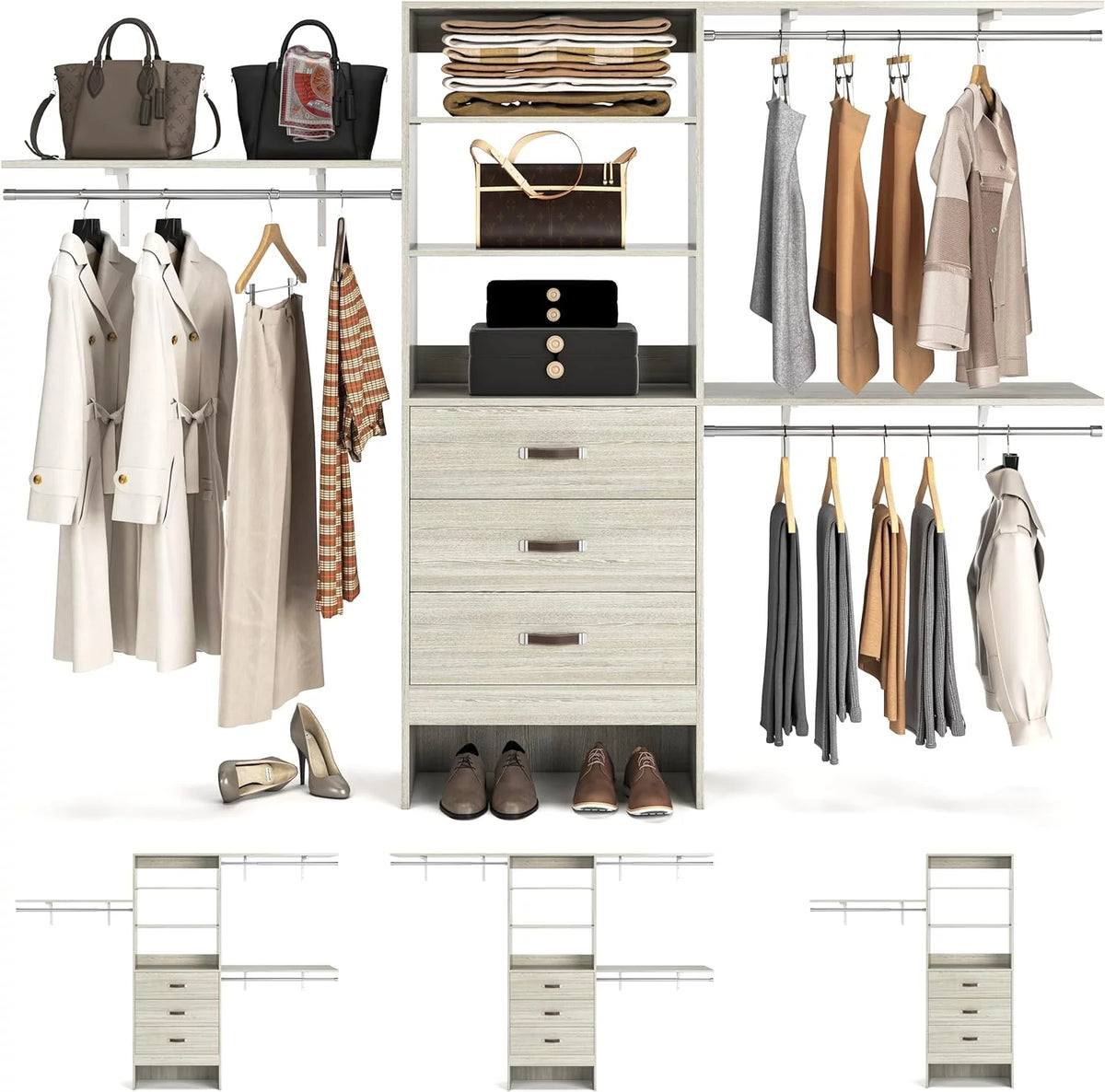 96 Inches White Oak Closet System with 3 Drawers T87278