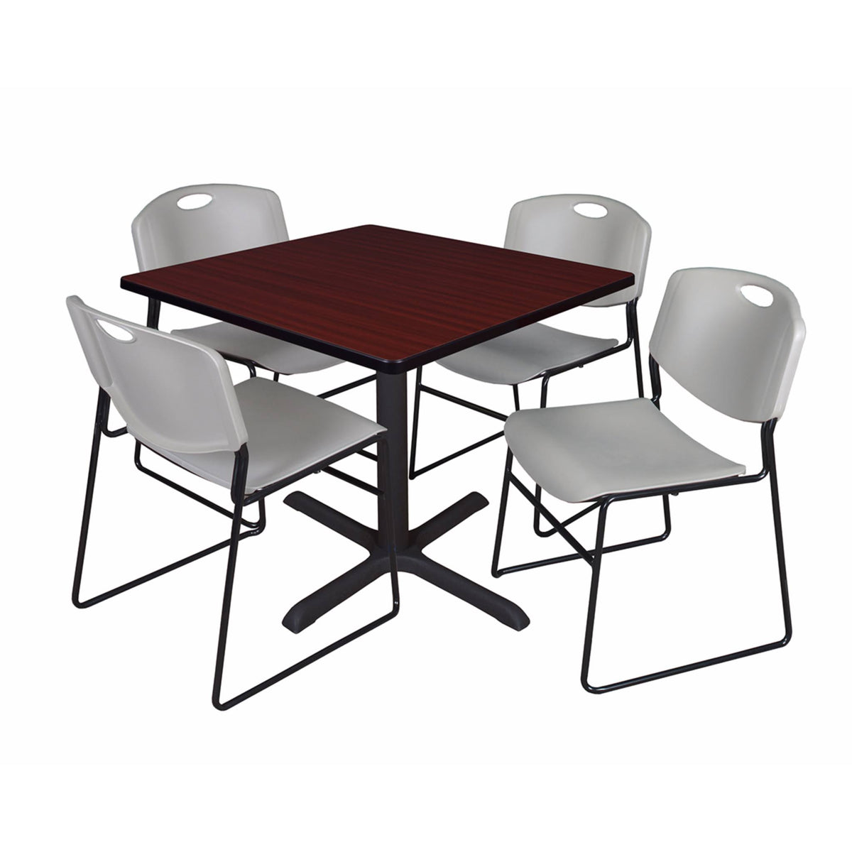 Mahogany Square Breakroom Table & 4 Black Stack Chairs O258443