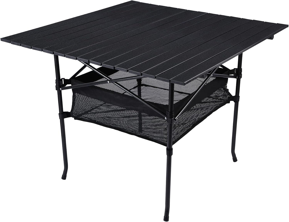 Aluminum Camping Table with Mesh Storage, Black, 37x25 Inch E4798