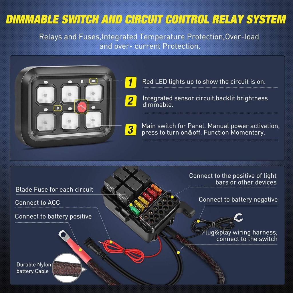 6 Gang Switch Panel Circuit Control Relay System with Fuse Wiring Harness Automatic Dimmable ON-Off LED Switch Pod D140527