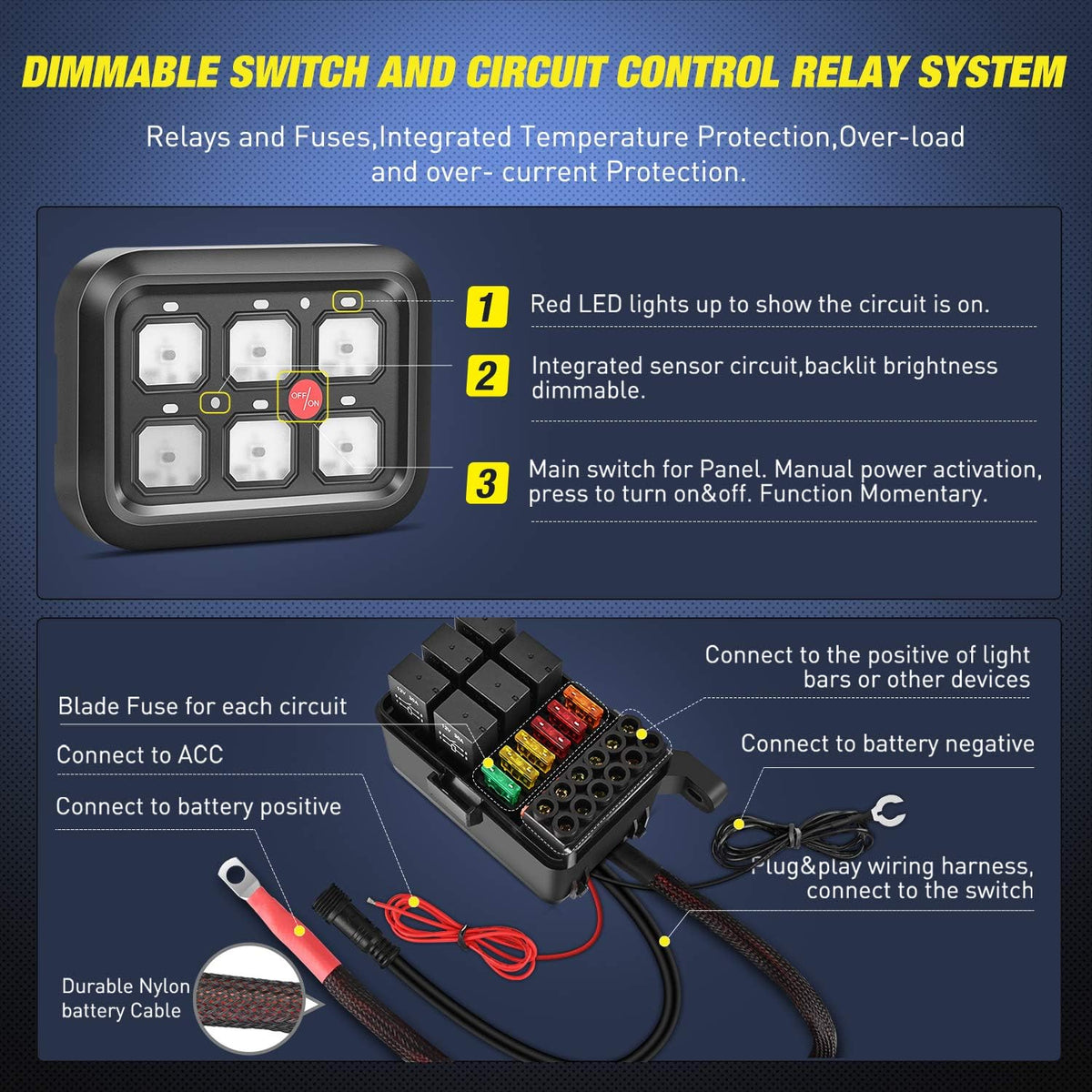 6 Gang Switch Panel Circuit Control Relay System with Fuse Wiring Harness Automatic Dimmable ON-Off LED Switch Pod D140527