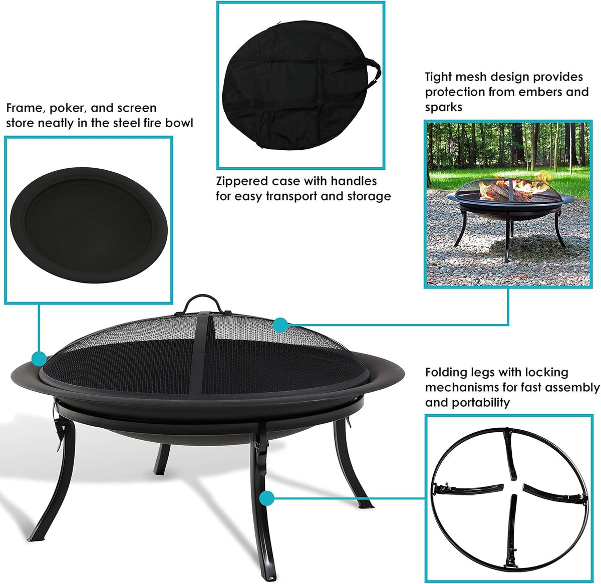 29-Inch Round Wood-Burning Portable Fire Pit Bowl with Spark Screen N88693