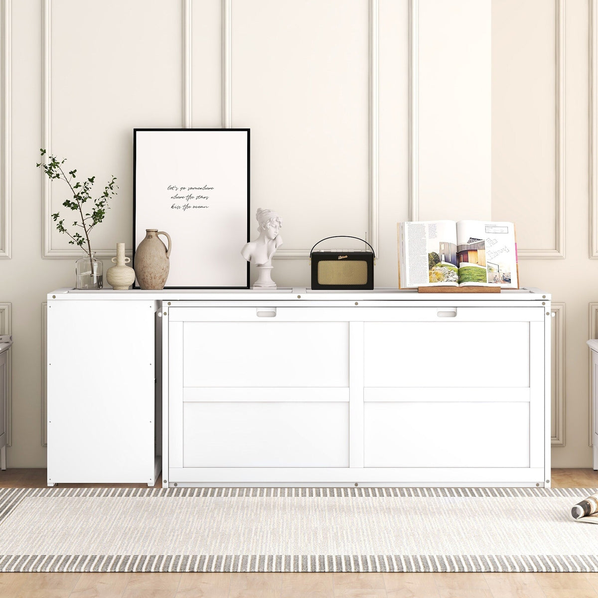 White Queen Size Solid Pine Wood Murphy Bed with Desk and Storage Shelves L4324