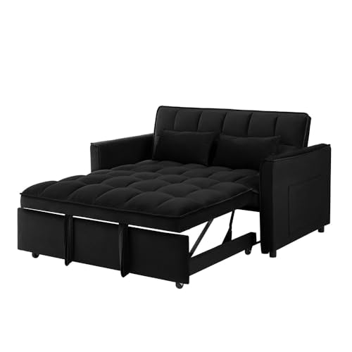Blue Velvet Double Convertible Sofa Bed with Storage Bag and Pillow F994869