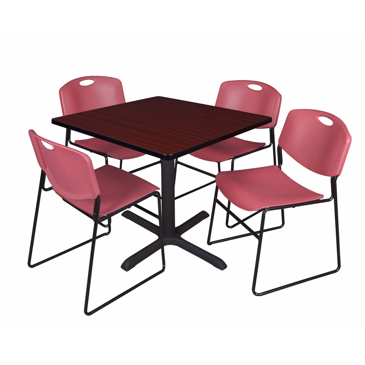 Mahogany Square Breakroom Table & 4 Black Stack Chairs O258443