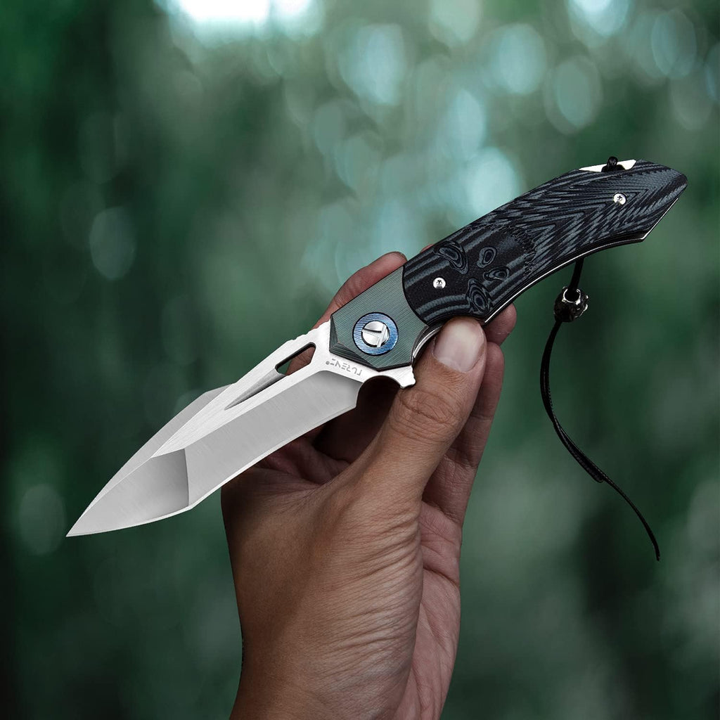 Folding Pocket Knife with 3.5in D2 Steel Blade, G10 Titanium Handle, Liner Lock, Clip and Sheath Y8718