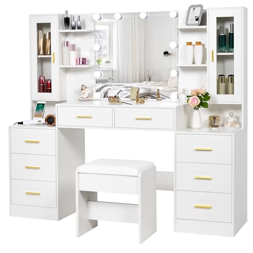 White Large Vanity Desk with Mirror and Lights 8 Drawers J969