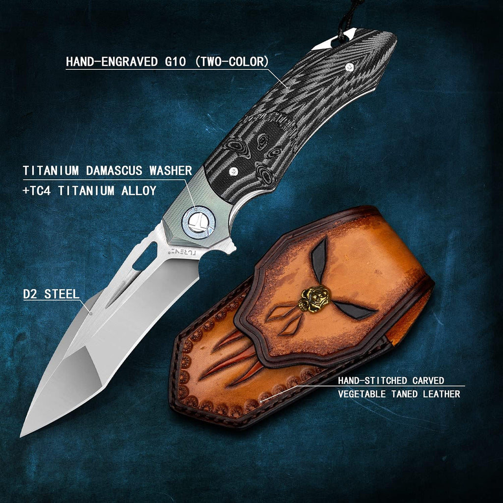 Folding Pocket Knife with 3.5in D2 Steel Blade, G10 Titanium Handle, Liner Lock, Clip and Sheath Y8718