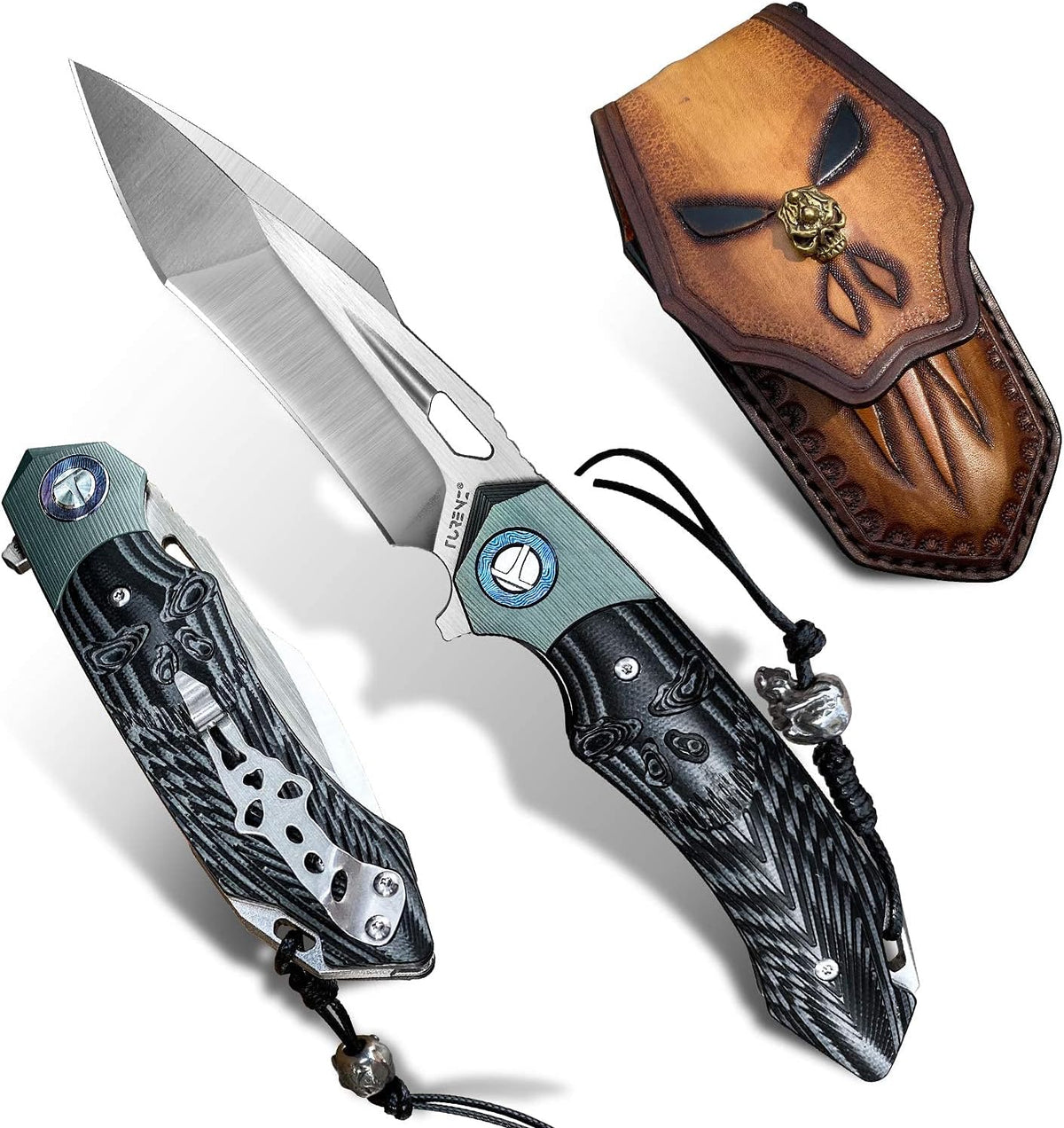 Folding Pocket Knife with 3.5in D2 Steel Blade, G10 Titanium Handle, Liner Lock, Clip and Sheath Y8718