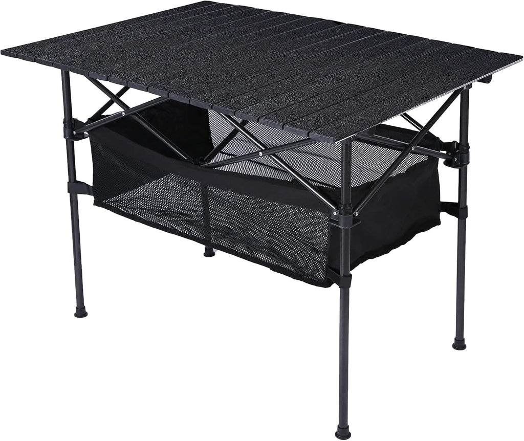 Aluminum Camping Table with Mesh Storage, Black, 37x25 Inch E4798