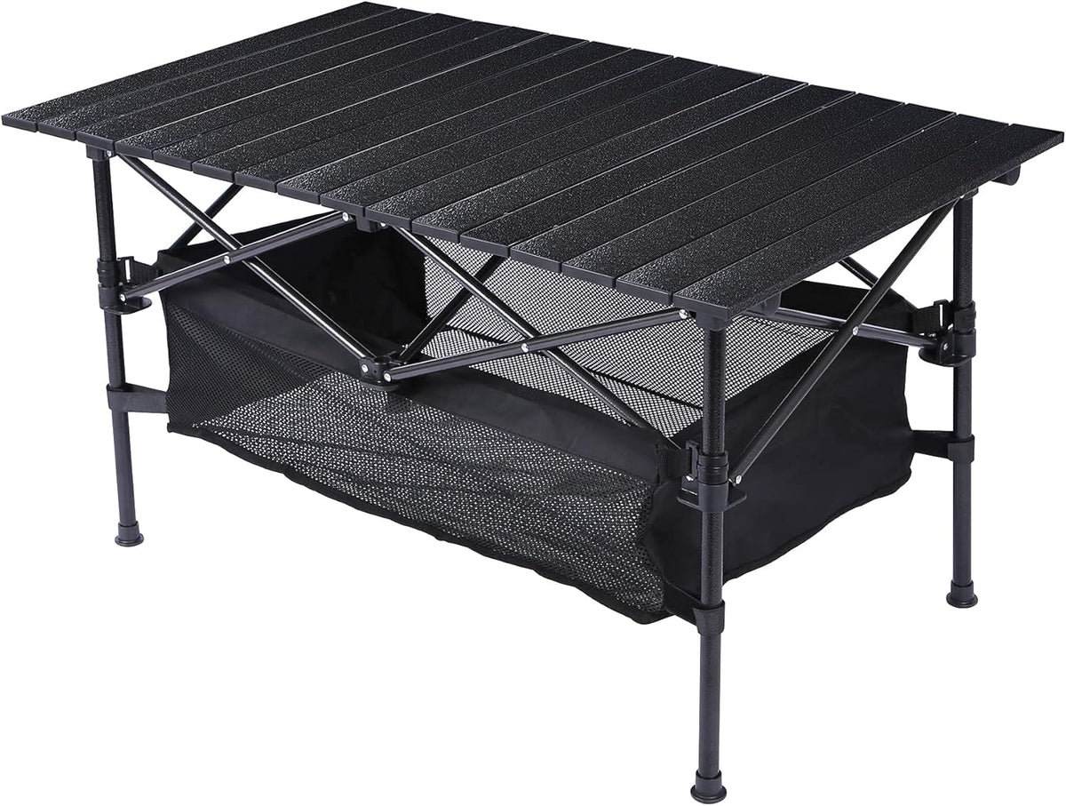Aluminum Camping Table with Mesh Storage, Black, 37x25 Inch E4798