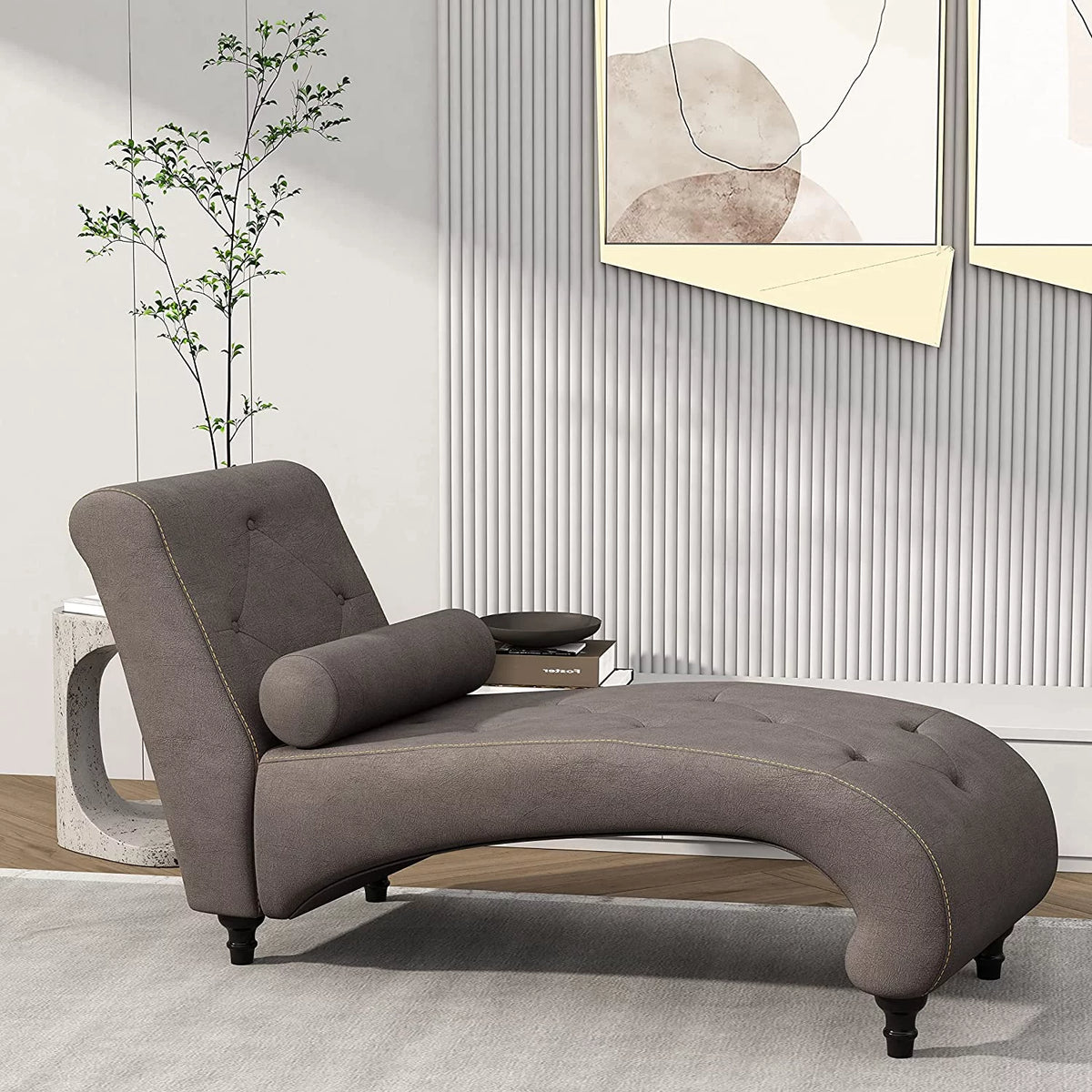 Grey Velvet Button-Tufted Chaise Lounge Chair with Bolster Pillow H39685