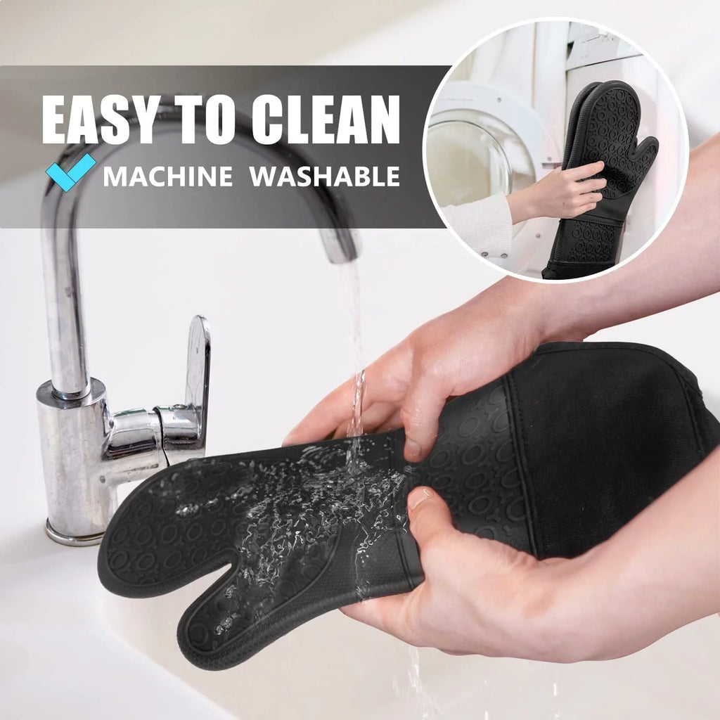 Extra Long Heat Resistant Silicone Oven Mitts and Pot Holders Set, Black, Pack of 6 F6462