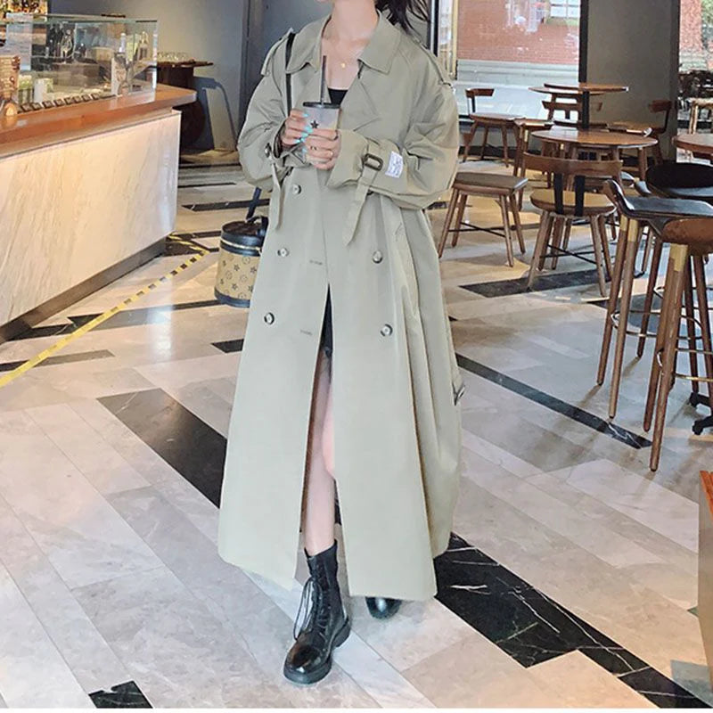 Large Collar Belted Twill Long Trench Coat B3512
