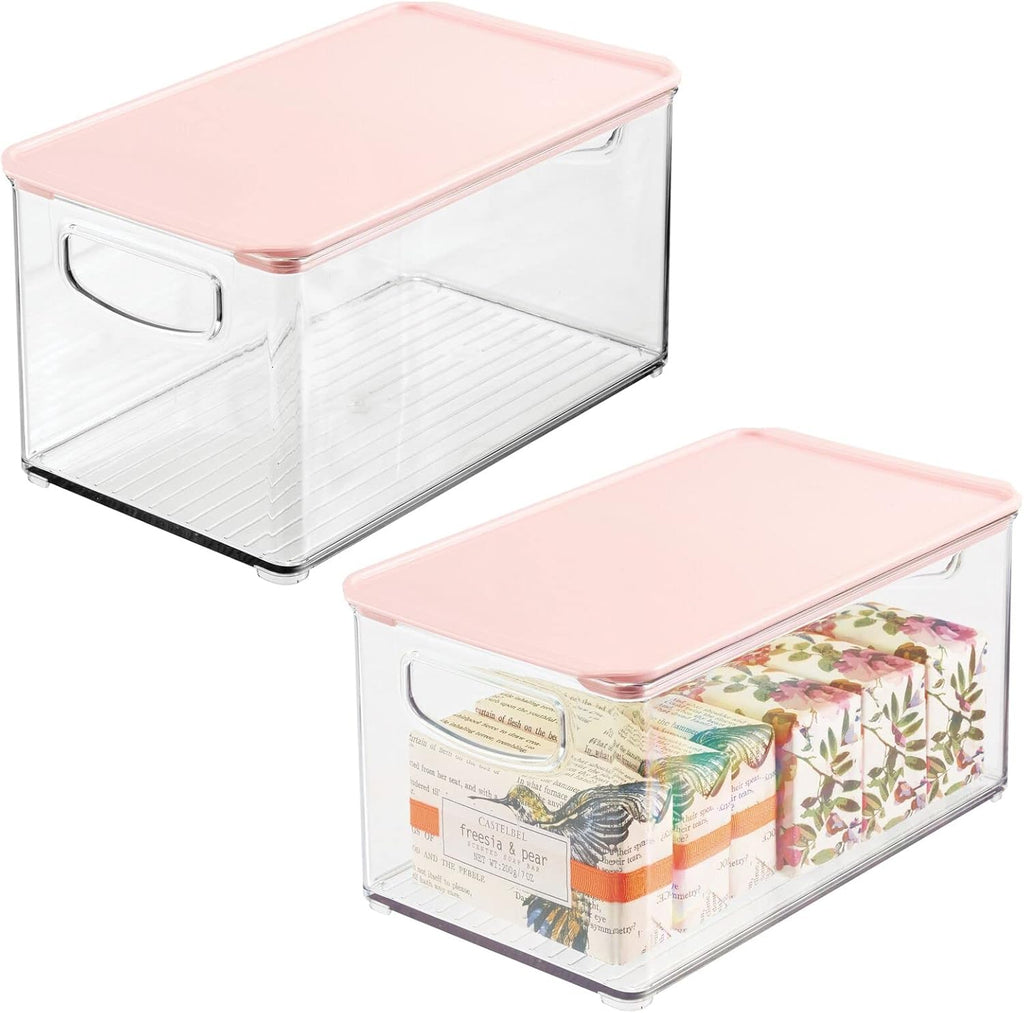 Clear/White Plastic Stackable Bathroom Storage Bin with Handles/Lid, 2 Pack Y578317