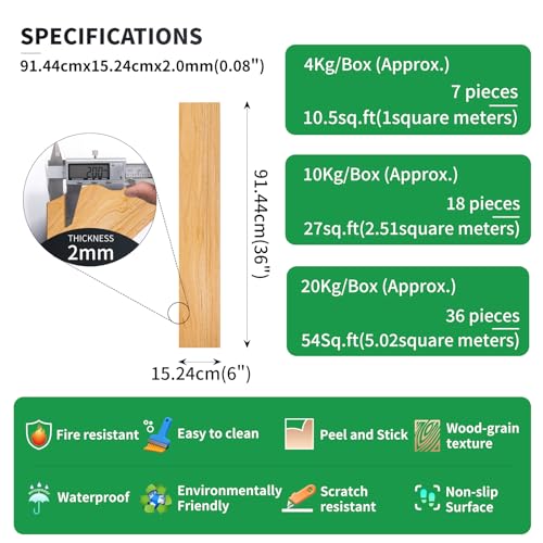 Gray Wood Grain Peel and Stick Vinyl Floor Tile, 36 Planks 54 Sq.Ft 2mm Thick R842