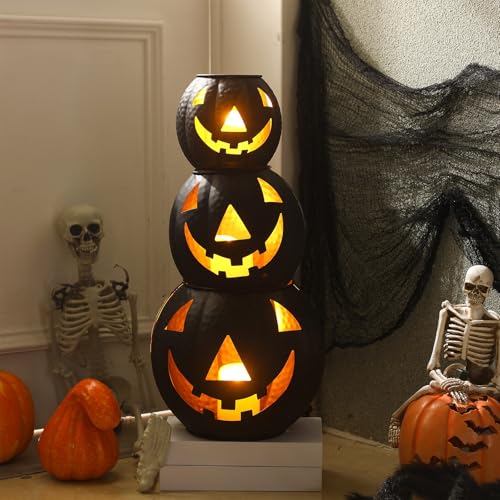 3 Pcs Metal Jack O Lanterns Pumpkin Set with LED Candles V6990