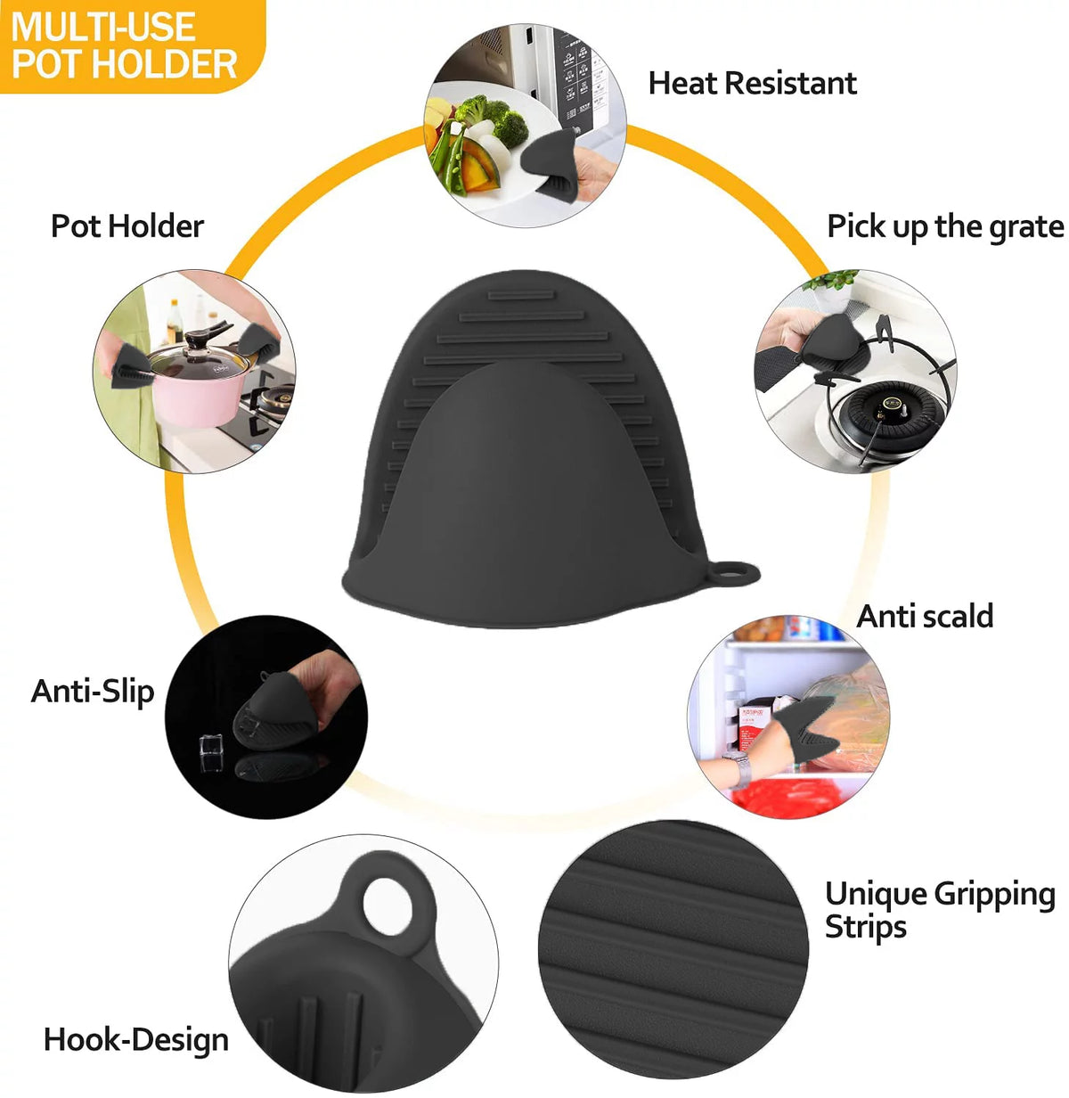 Extra Long Heat Resistant Silicone Oven Mitts and Pot Holders Set, Black, Pack of 6 F6462