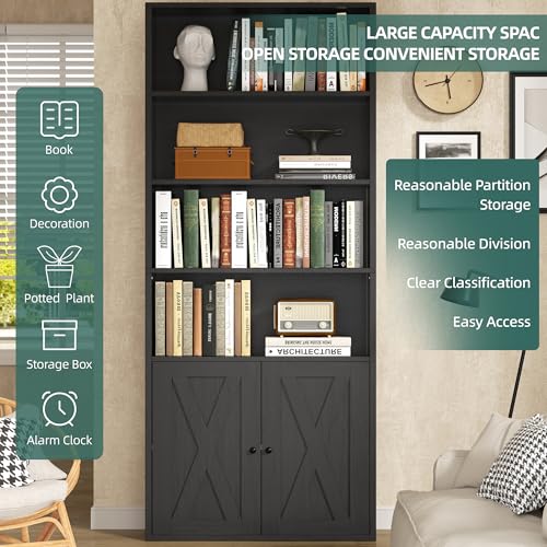 Black 6 Shelf Bookshelf with Doors U236766