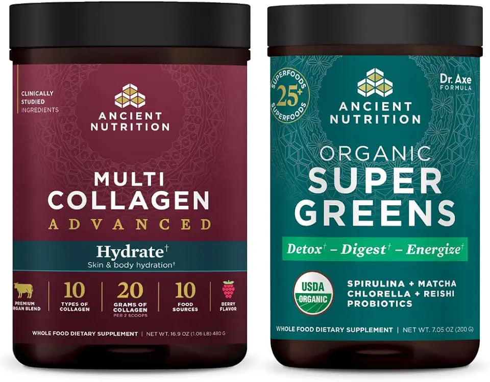 Multi Collagen Advanced Powder Hydrate, Mixed Berry, 30 Servings + Organic Supergreens Power, Greens Flavor, 25 Servings C9566