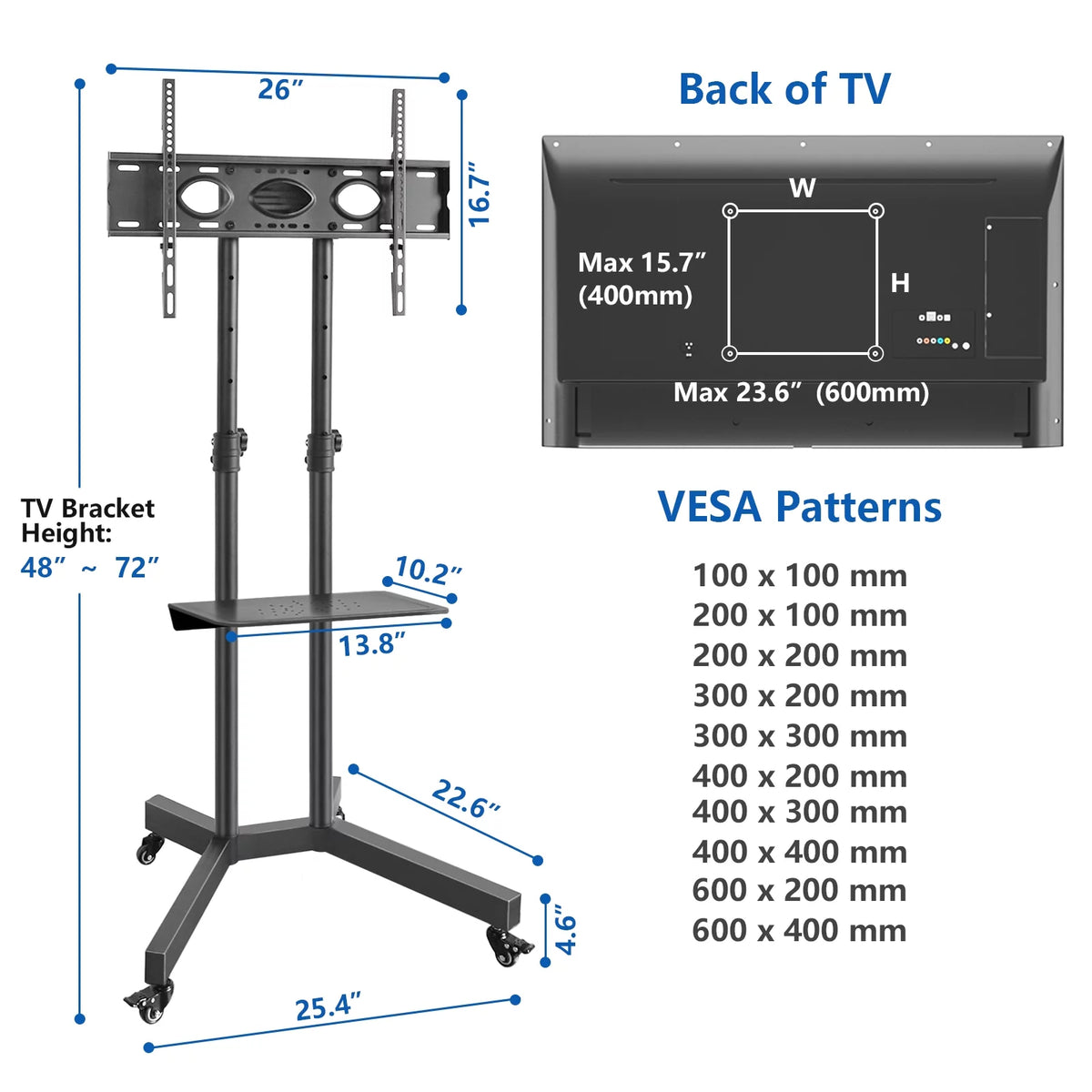 Black Mobile TV Stand Cart on Wheels for 32 to 75 inch TVs U453564