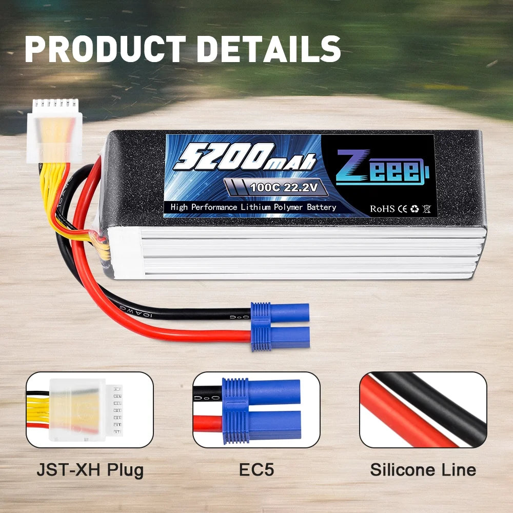 22.2V 100C 5200mAh 6S Lipo Battery EC5 Connector (2 Pack) W1521
