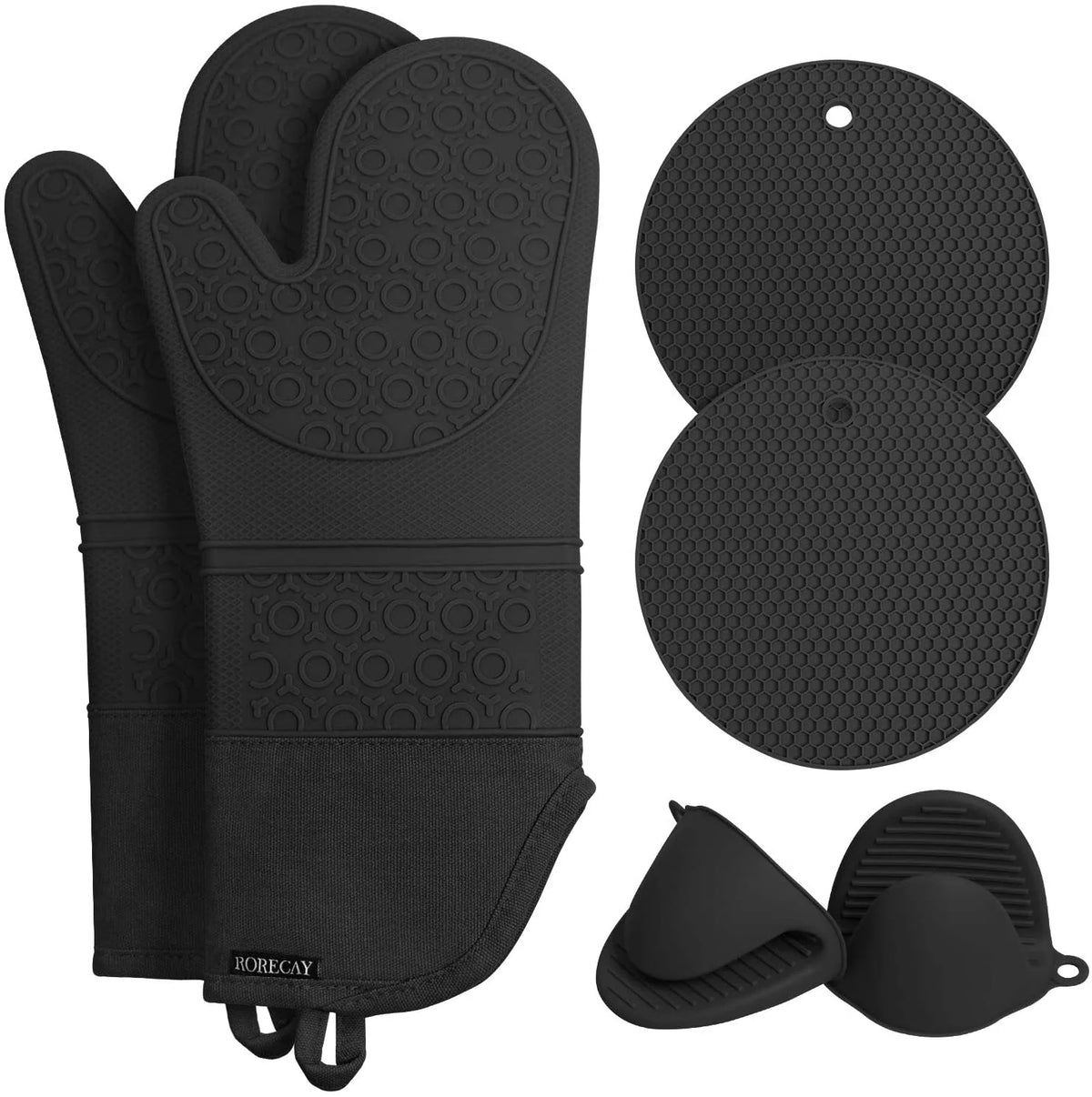Extra Long Heat Resistant Silicone Oven Mitts and Pot Holders Set, Black, Pack of 6 F6462