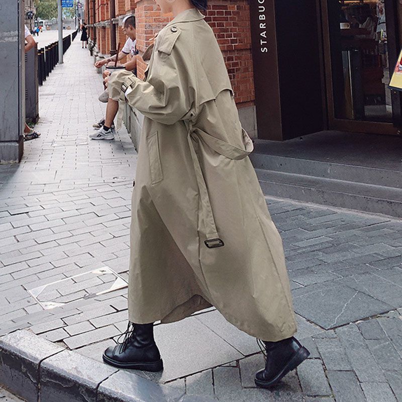 Large Collar Belted Twill Long Trench Coat B3512