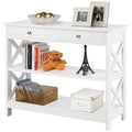 White 3-Tier Wood Console Table with Storage Drawer T1480
