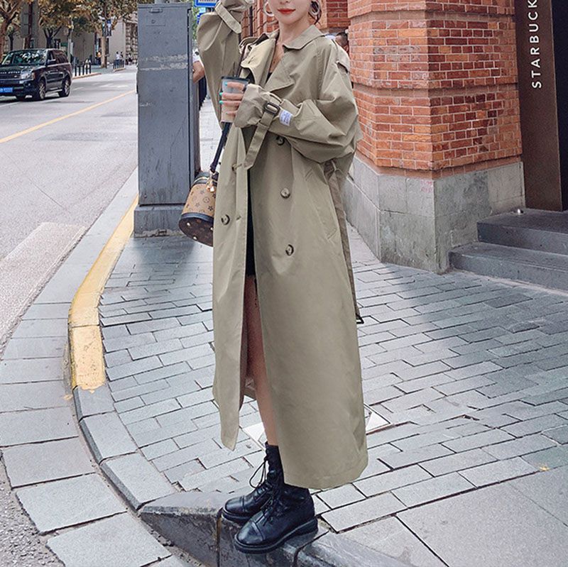 Large Collar Belted Twill Long Trench Coat B3512