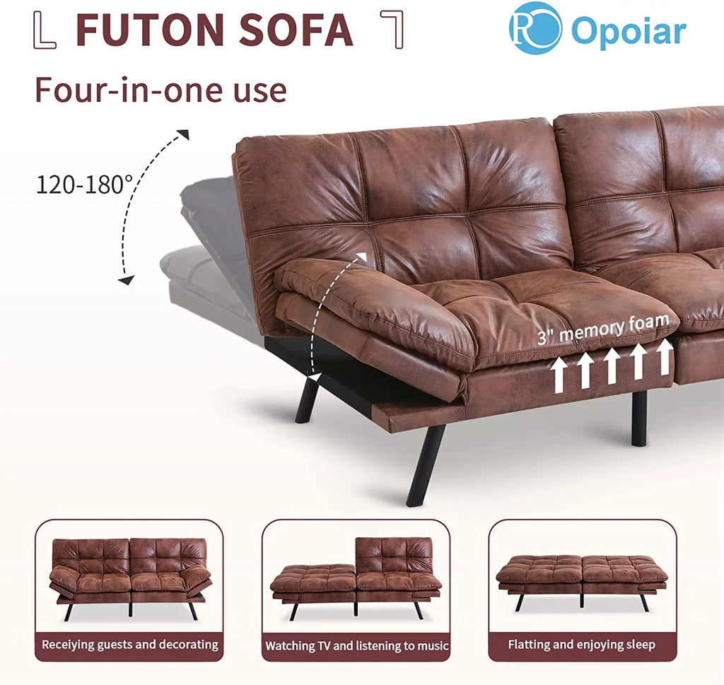 Leather Convertible Memory Foam Futon Sofa Bed with Mattress Q880612
