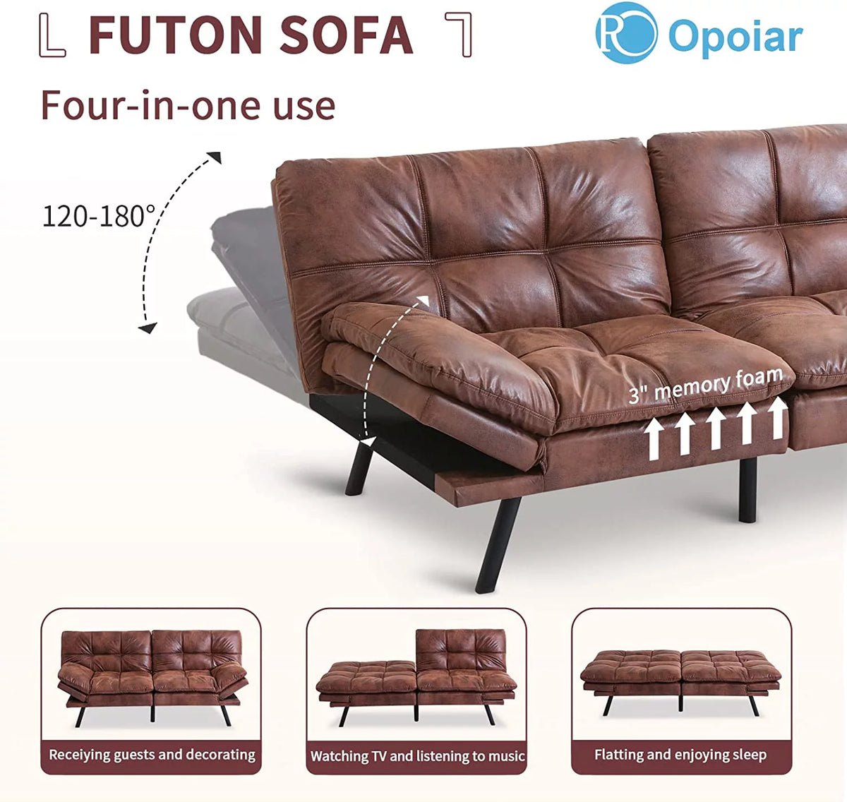 Leather Convertible Memory Foam Futon Sofa Bed with Mattress Q880612